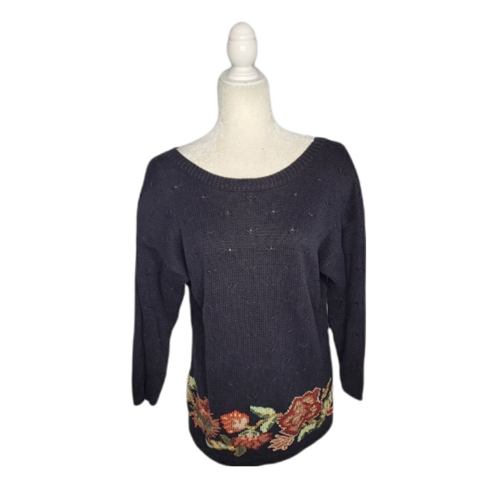 VINTAGE 90s sweater black scoop neck linen embroidered floral M‎
